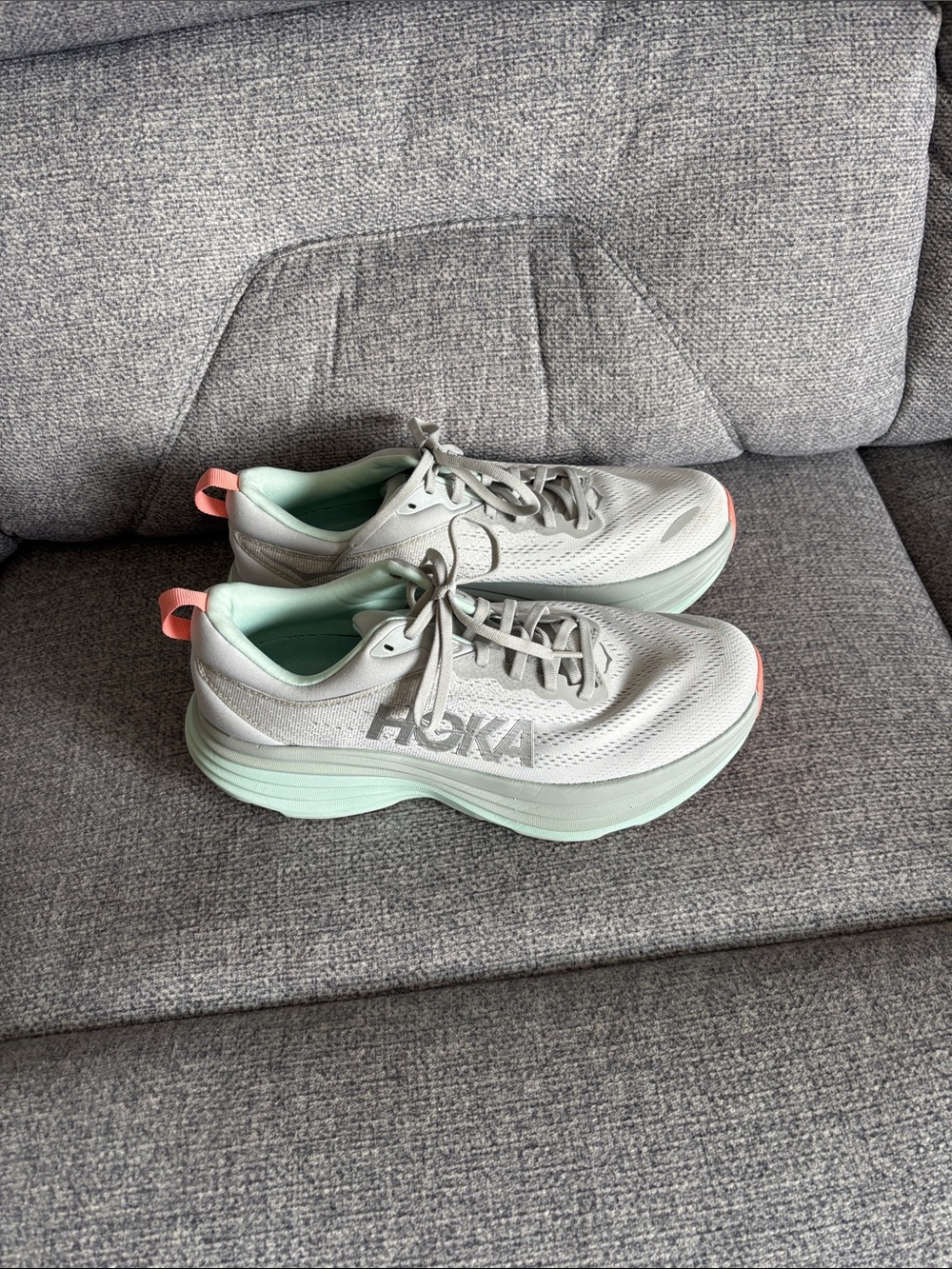 Hoka Women's Light Gray and Mint Athletic Running Shoes with Coral Pull Tabs